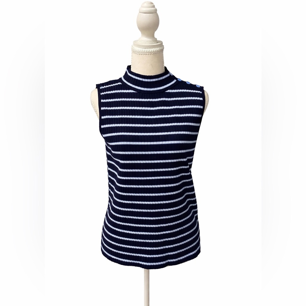 Talbots Navy Striped Mock Neck Top Size M Sleeveless Ribbed Button Shoulder